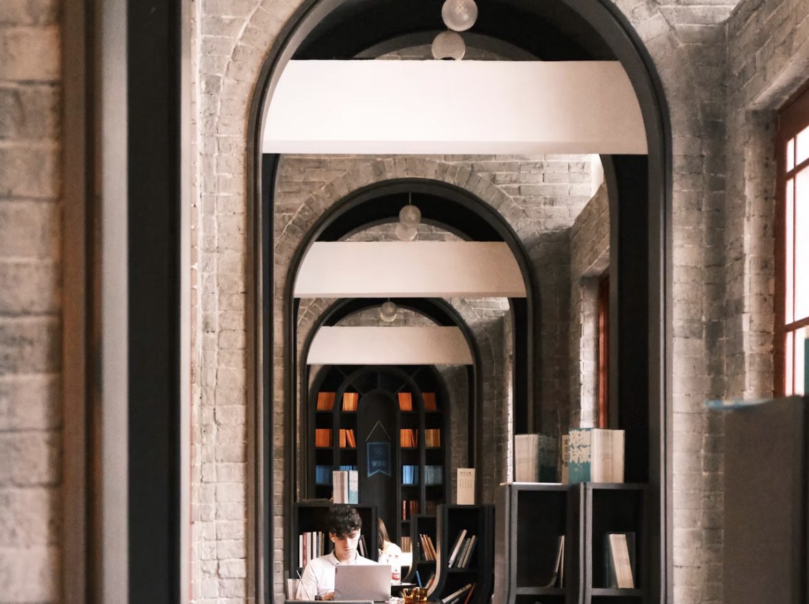 A quiet study space with brick arches
